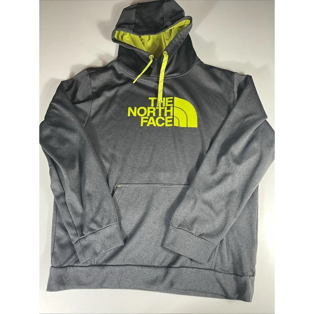 The North Face Men's Logo Hoodie in Gray and Neon Yellow - Size Large